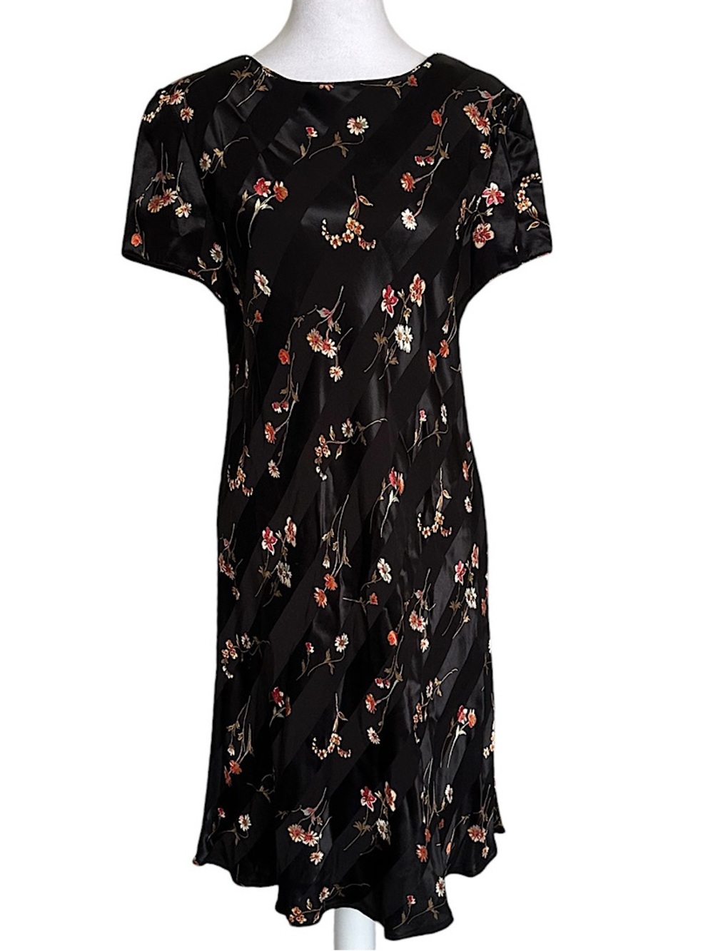Vintage Liz Claiborne Women's Black Satin Diagonal Stripe Floral Dress Size 10
